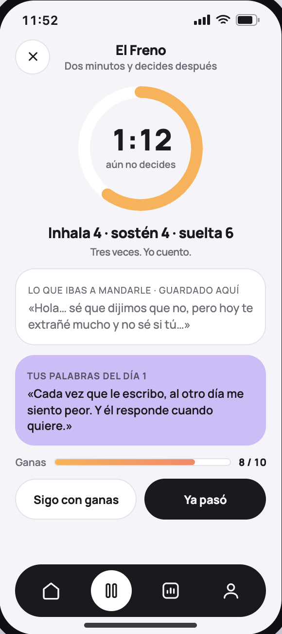 Vista previa de El Freno en acción: anillo de 2 minutos y mensaje guardado
